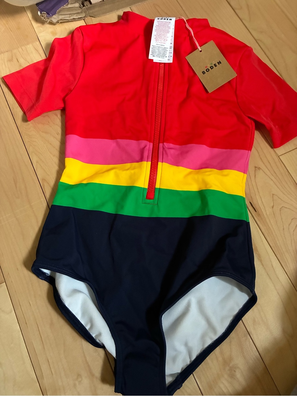 Mini Boden Red Rainbow Stripe Kids Swim Rashguard 9